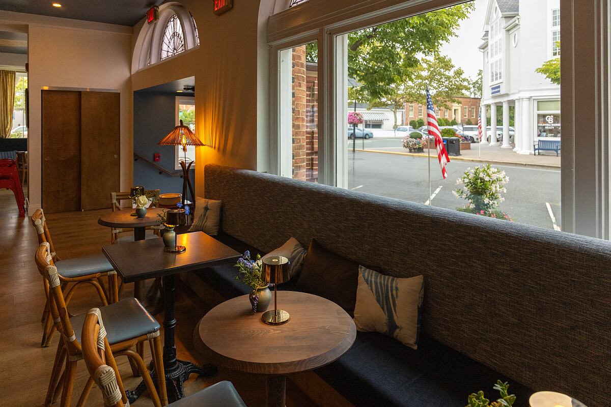 The window banquette at Marée, looking out onto 3rd Avenue in downtown Spring Lake
